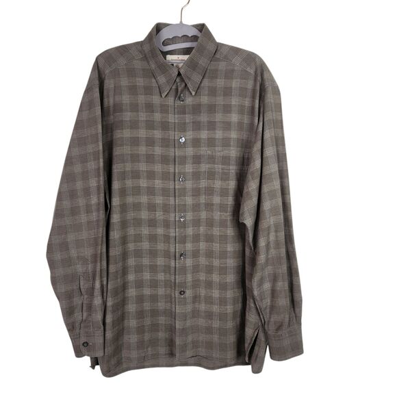 ERMENEGILDO‎ ZEGNA Shirt Mens Medium Brown Gray Pocket Button Front Dress Top - Picture 1 of 10